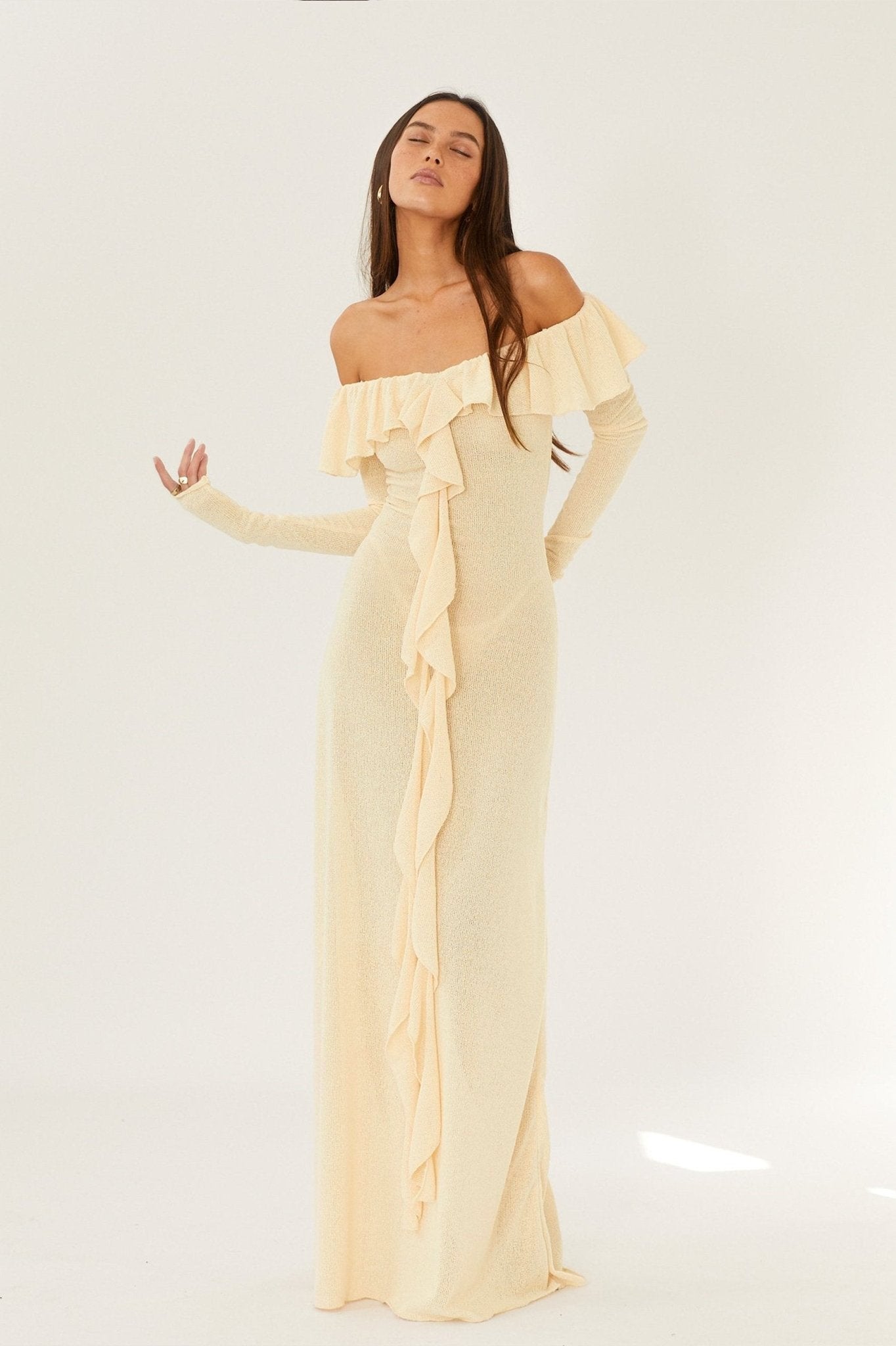 dresses-Donna Off-shoulder Ruffle Maxi Dress-SD00601192157-Yellow-S - Sunfere