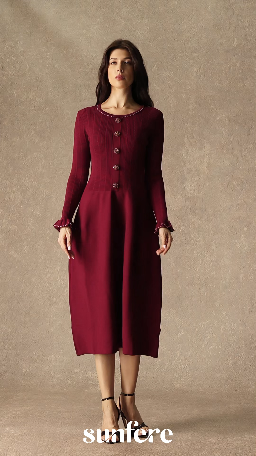 Autumn Luxe Burgundy Jewel Button Ruffle Cuff Midi Dress