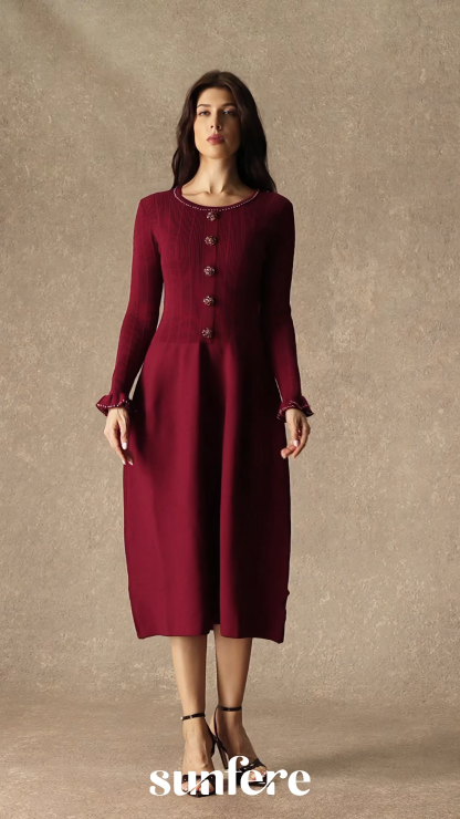 Autumn Luxe Burgundy Jewel Button Ruffle Cuff Midi Dress