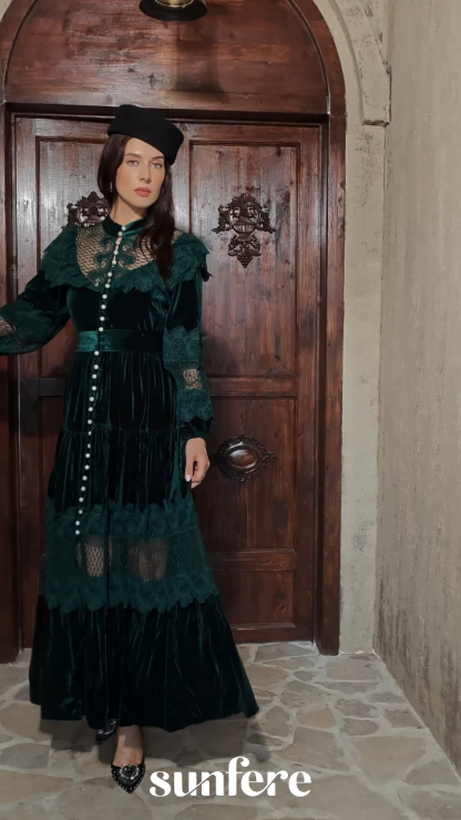 Precious Impression Dark Green Velvet Lace Panel Maxi Dress