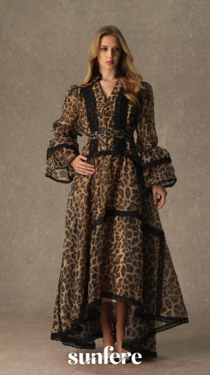 Exotic Appeal Brown Leopard Print Lace Trim Maxi Dress