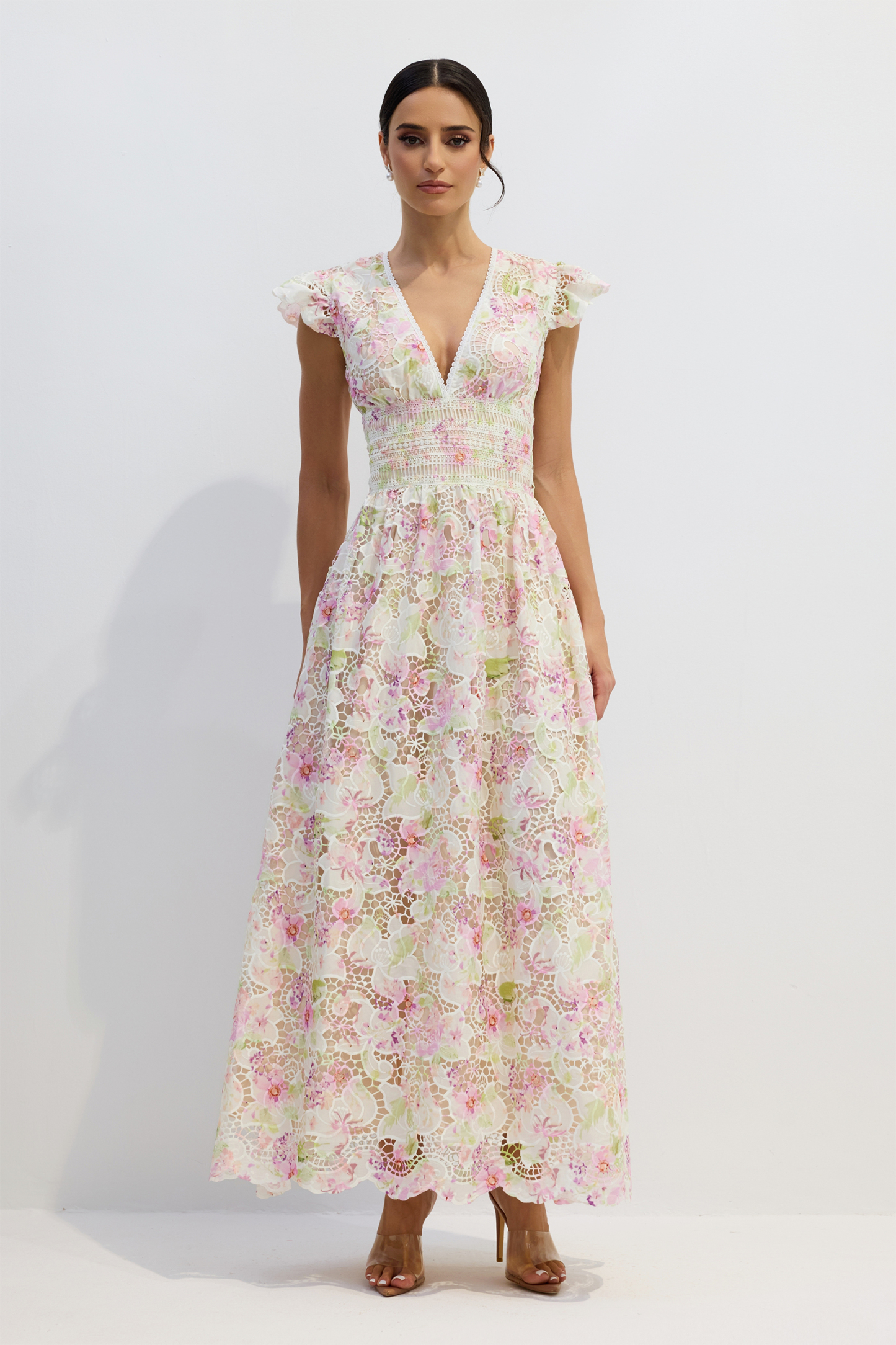 sunfere Ramona V-neck Floral Lace Maxi Dress or Lace-Trim Airy Floral Midi Dress