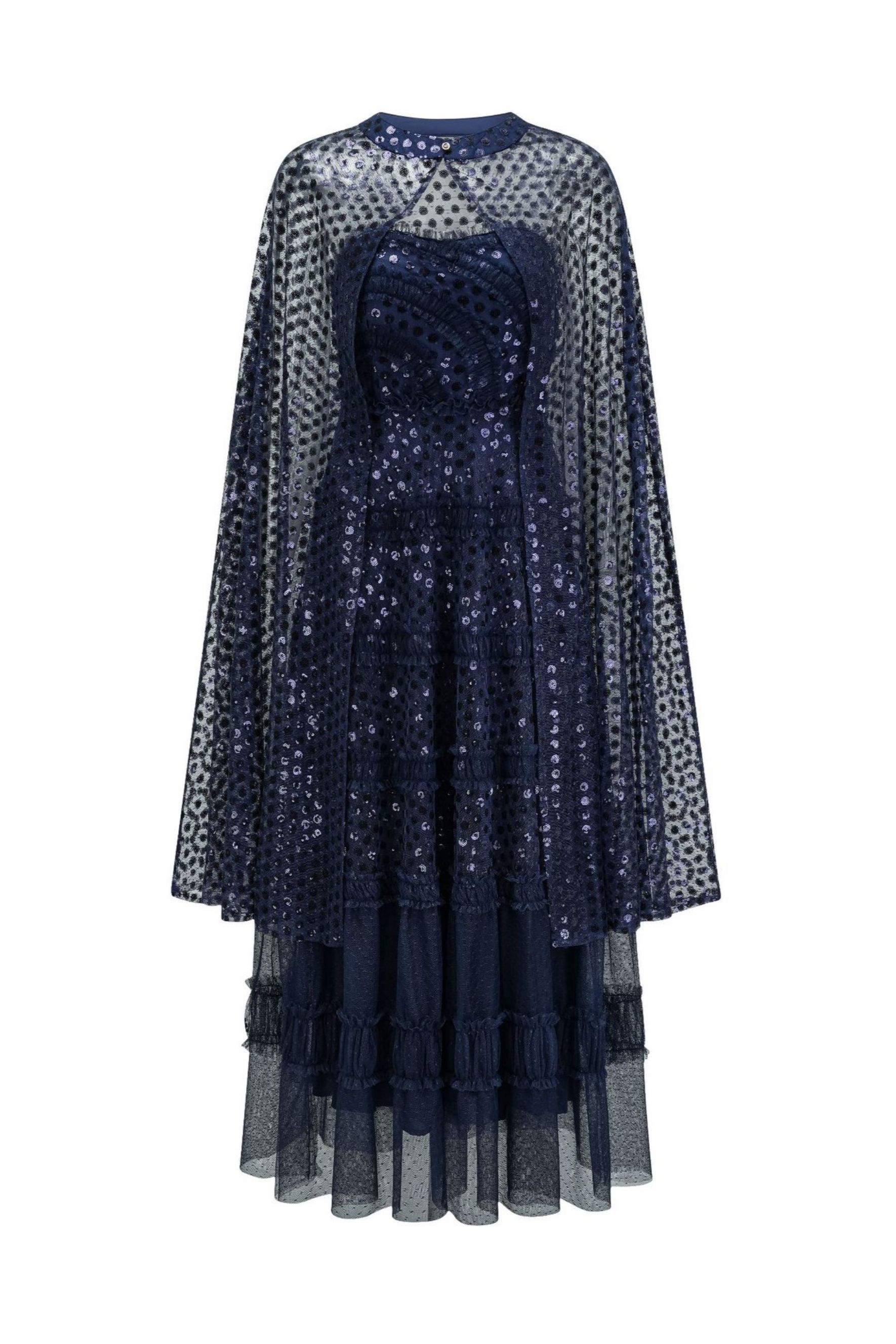Enchanting Midnight Dark Blue Sequin Embellished Maxi Dress & Cape Set