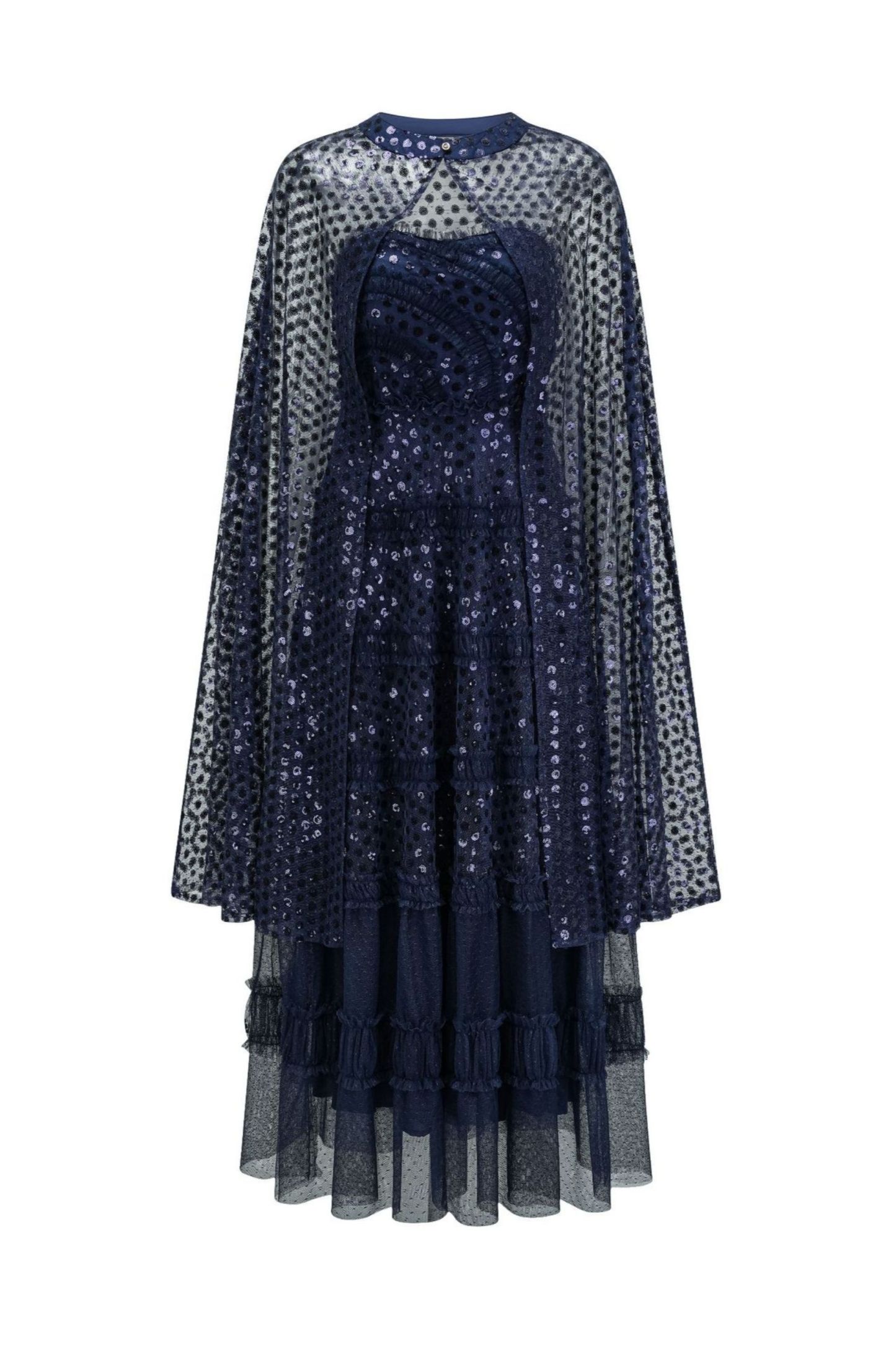 Enchanting Midnight Dark Blue Sequin Embellished Maxi Dress & Cape Set