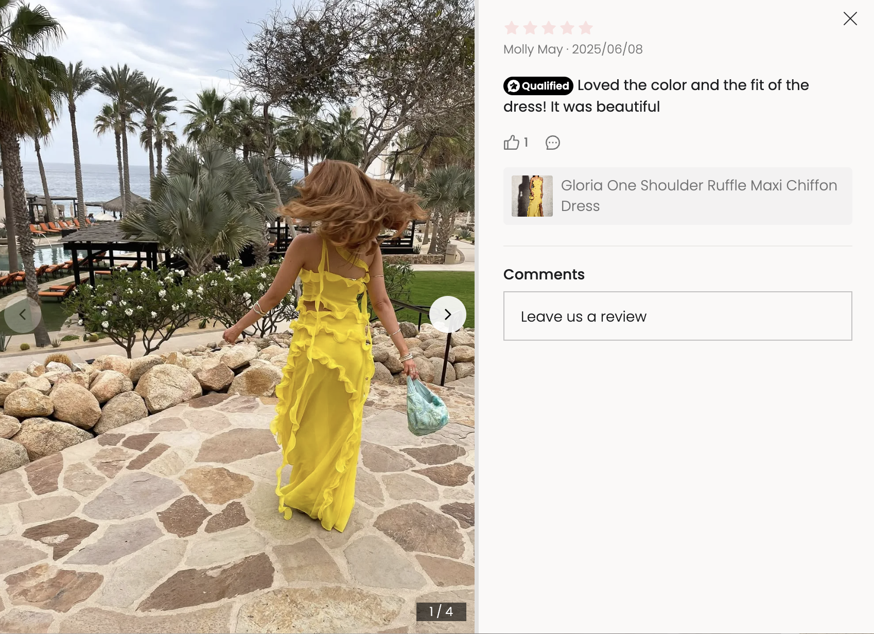 Tropical vacation look in bright yellow ruffle dress