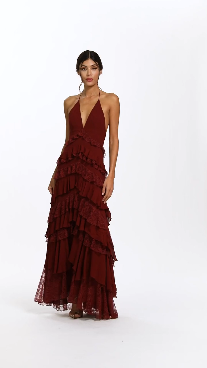 Beauty Icon Burgundy Deep V Neck Tiered Lace Maxi Dress