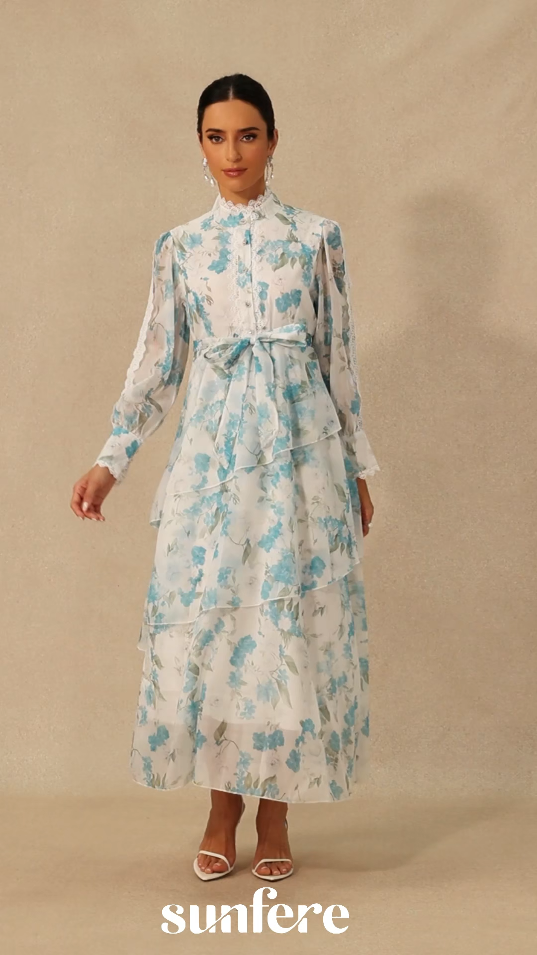 Isabella Floral Print Lace Trim Chiffon Maxi Dress