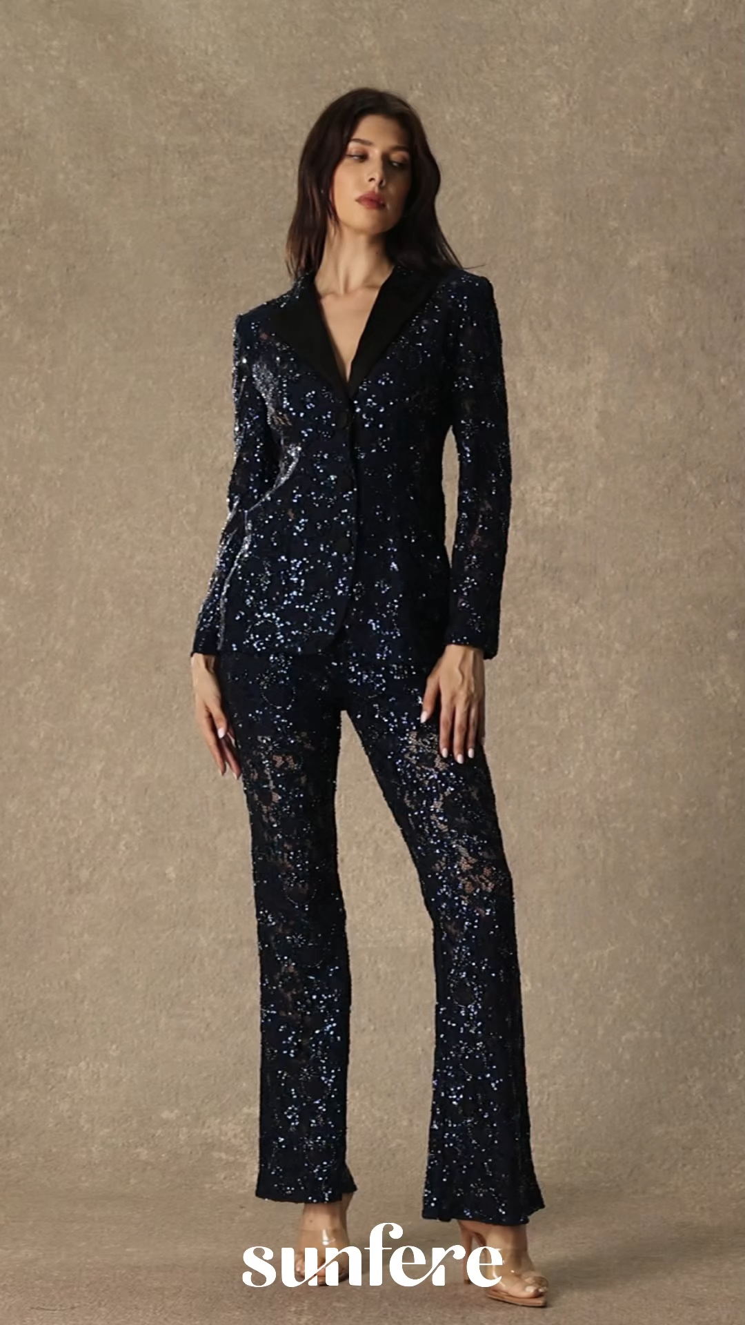 Prominent Sparkle Dark Blue Lace Sequin Blazer & Flared‑Leg Trousers Set