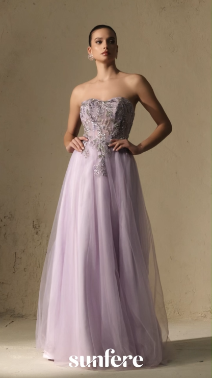 Seasonal Bloom Purple Strapless Embroidered Floral Maxi Dress