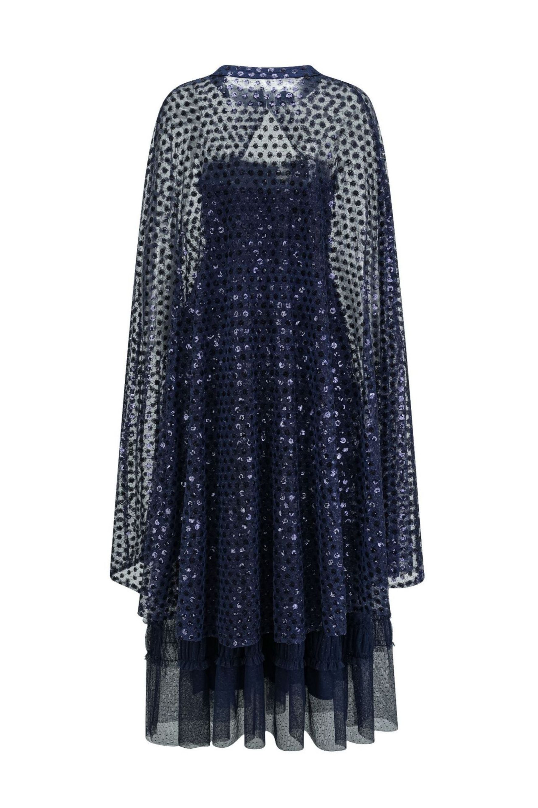Enchanting Midnight Dark Blue Sequin Embellished Maxi Dress & Cape Set