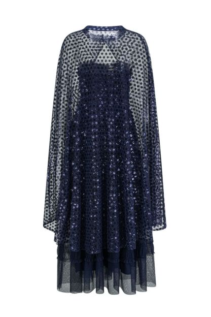 Enchanting Midnight Dark Blue Sequin Embellished Maxi Dress & Cape Set