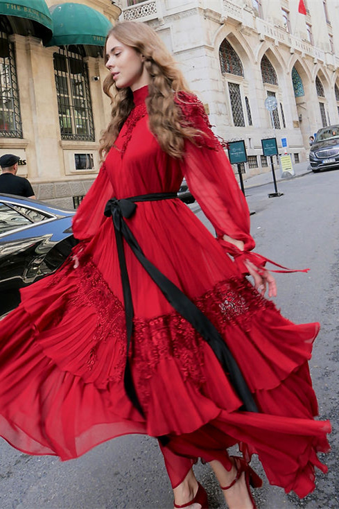 Sylvia Lace Tiered Chiffon Maxi Dress