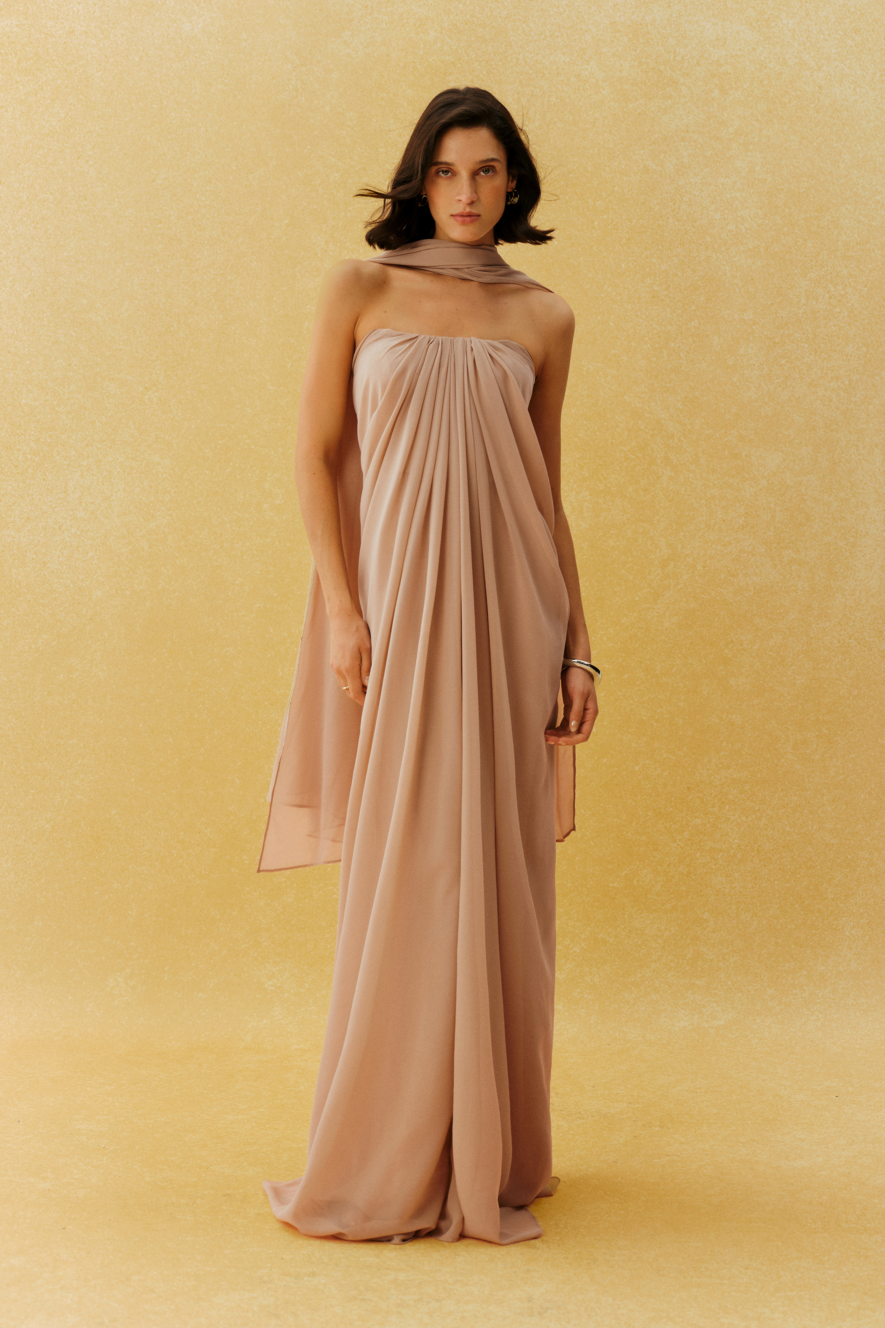 She’s A Muse Khaki Strapless Maxi Dress With Scarf