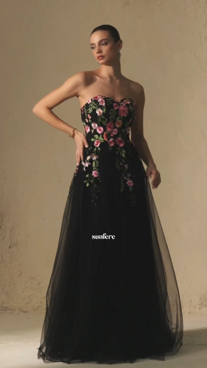 Prestigious Events Black Floral Embroidered Strapless Tulle Maxi Dress