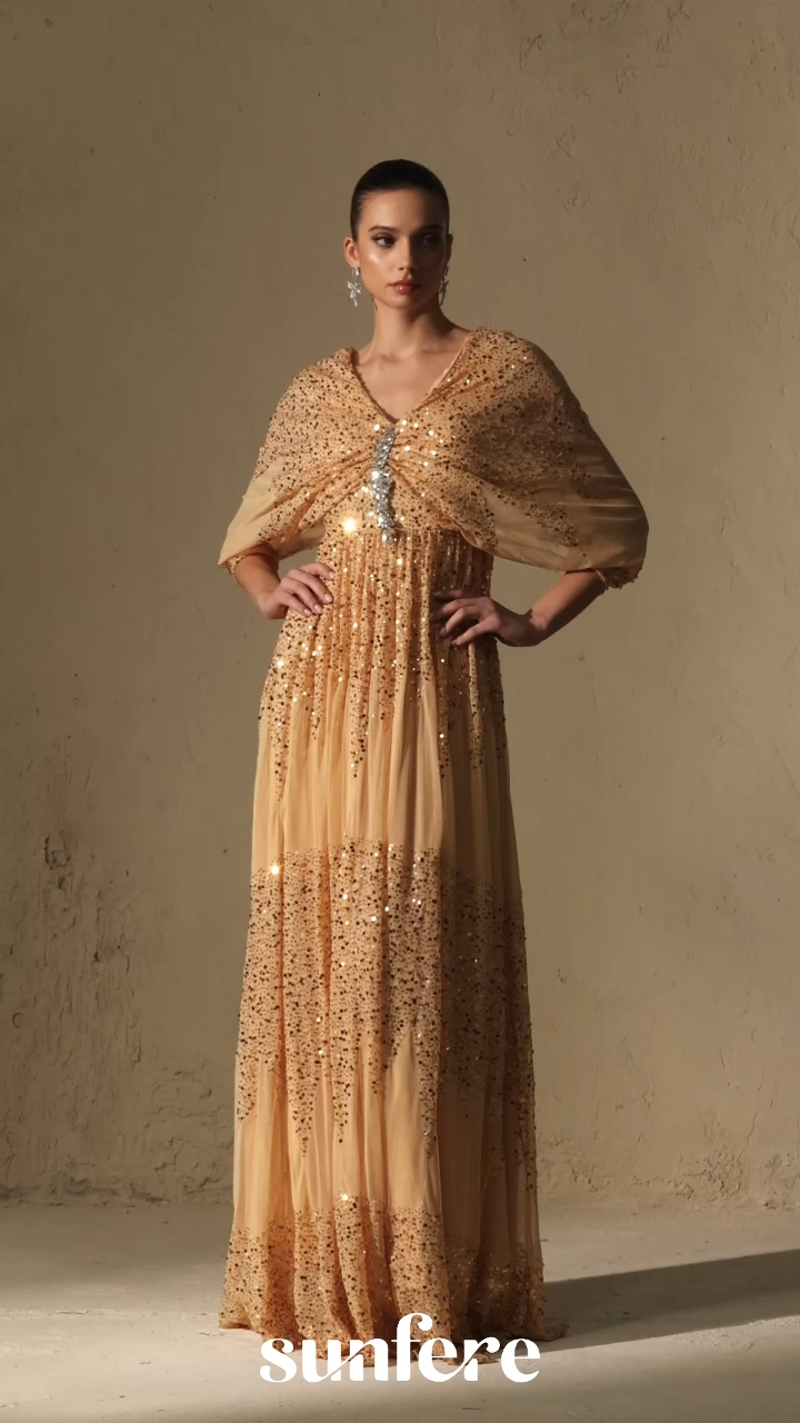 Evening Of Wonder Champagne Gold Sequin Embellished V-Neck Maxi Dress