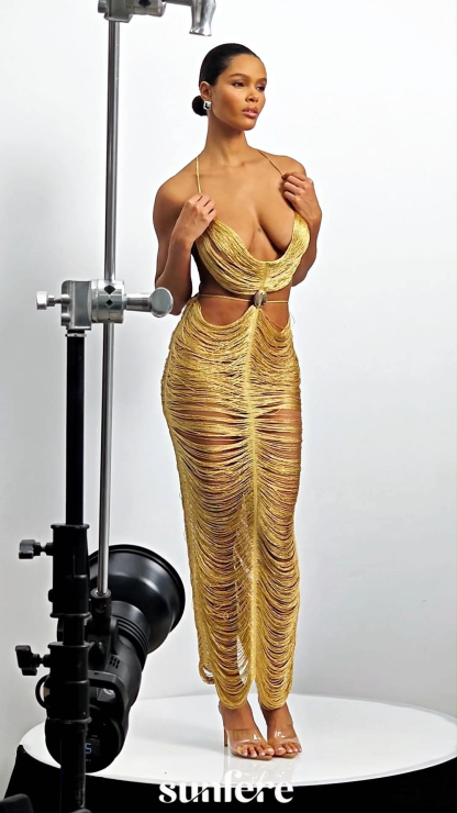 Edna Plunge Neck Fringe Maxi Dress