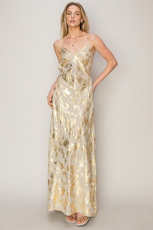 Julie Metallic Print Spaghetti Strap Maxi Dress