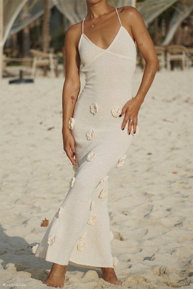 acka all sheer flower dress（beige） Sleeveless Floral Embellished Sheer Gown with Scoop Neckline