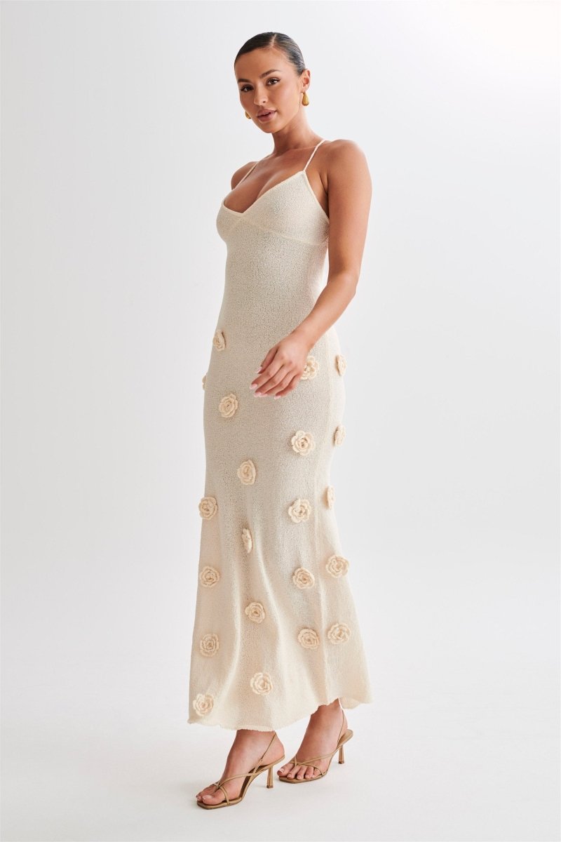 V-neck Knitted Floral Dress｜Beach Vacation Dresses - sunfere