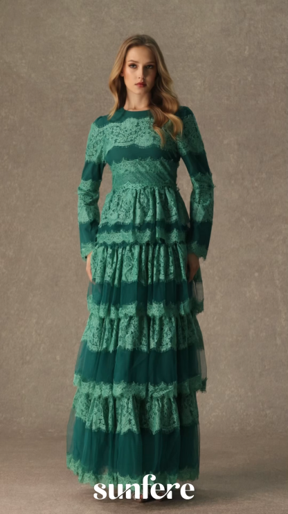 Flawlessly Gorgeous Green Tiered Lace Maxi Dress