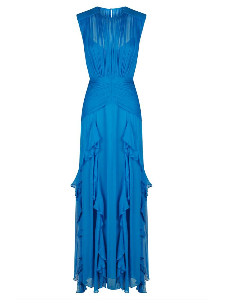 【Since Then】Blue Ruffle Suspender Asymmetry Resort Dress Alex Marie Lacey Ruffle Sleeveless Floral Asymmetric Hem