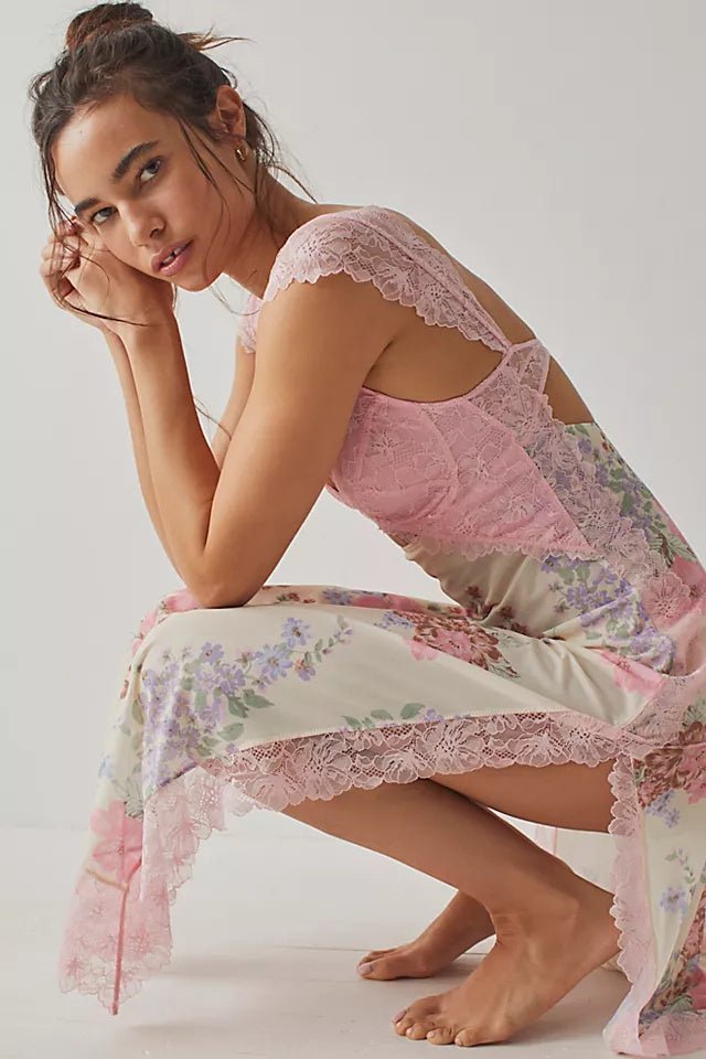 Elma Floral Printed Cut-out Mesh Maxi Slip Dress-Sunfere
