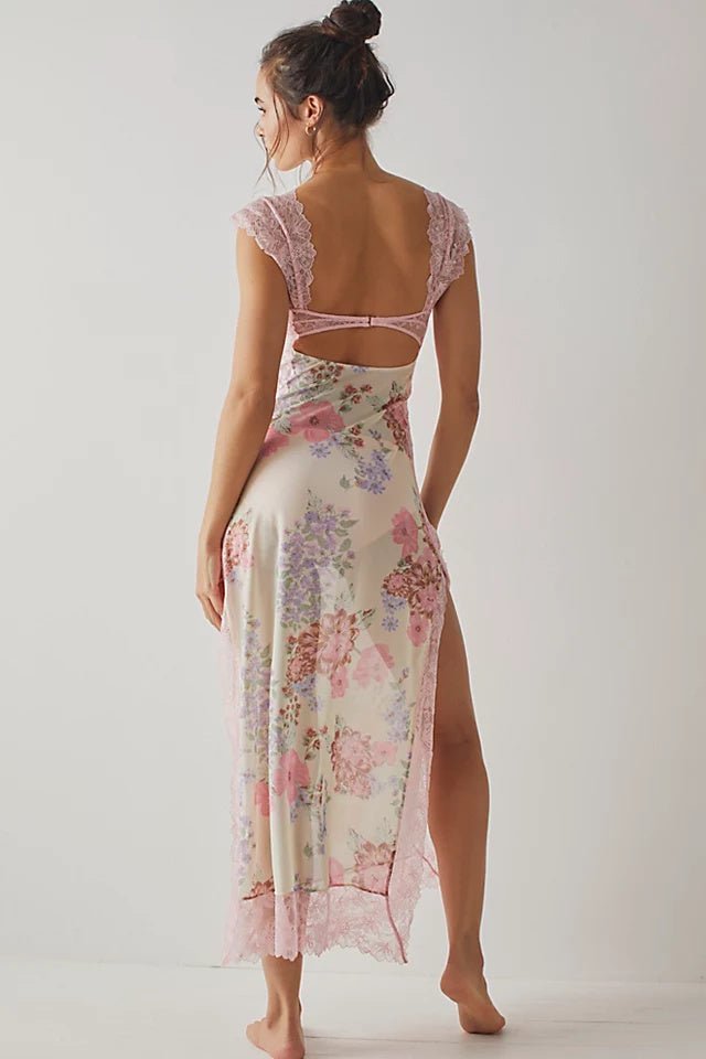 Elma Floral Printed Cut-out Mesh Maxi Slip Dress-Sunfere