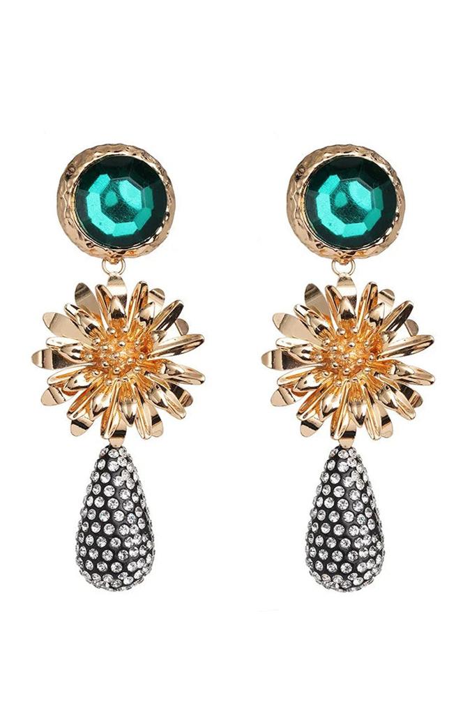 accessories-Emerald Stone Flower Rhinestone Earrings-SA00605162867-Green - Sunfere