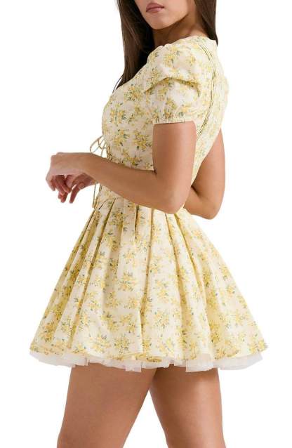dresses-Emily Floral V-neck Corset Mini Dress-SD00604072633-Yellow-XS - Sunfere