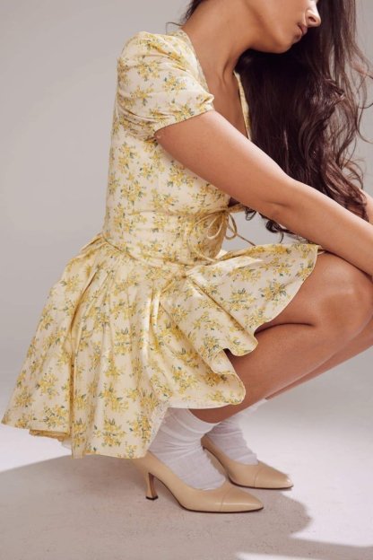 dresses-Emily Floral V-neck Corset Mini Dress-SD00604072633-Yellow-XS - Sunfere