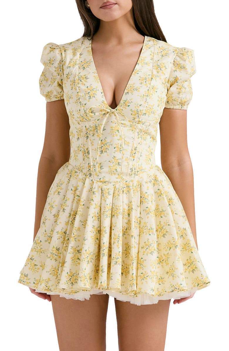 Emily Floral V-neck Corset Mini Dress-Sunfere