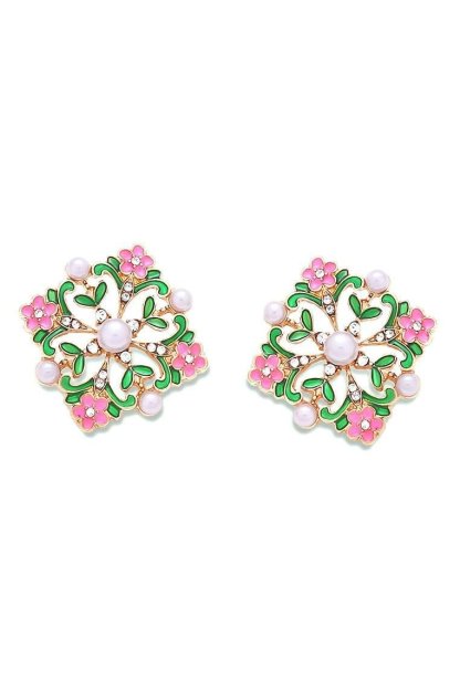 accessories-Enamel Flower Cluster Pearl Drop Earrings-SA00604242729-Multi - Sunfere