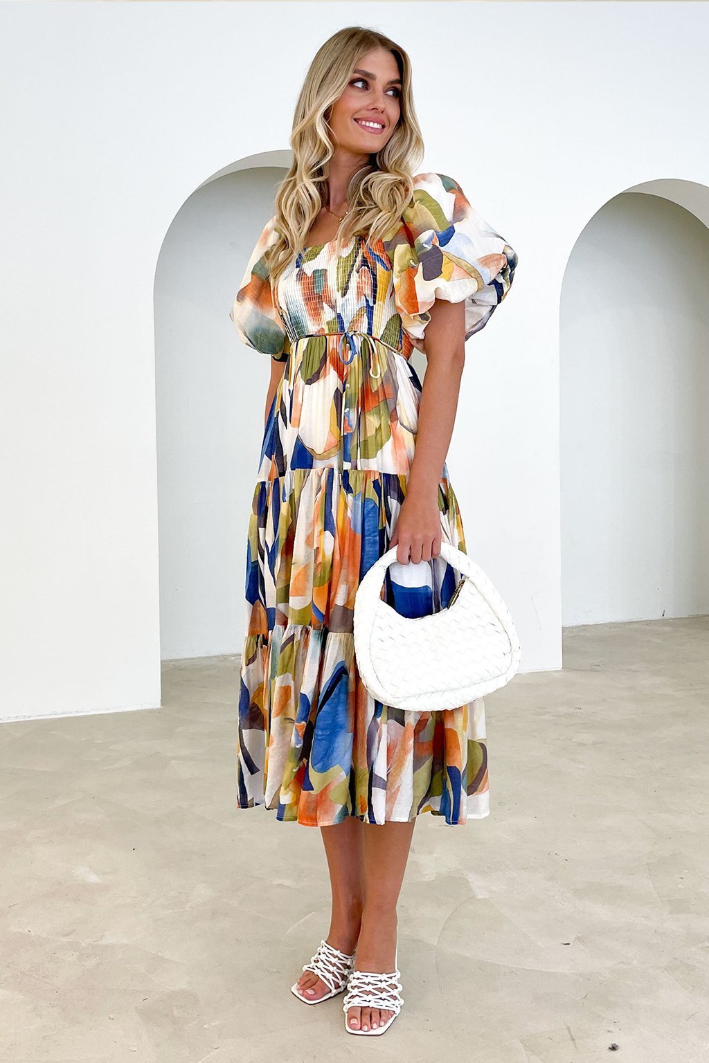 Erin Printed Shirred Bodice Flare Midi Dress-Sunfere