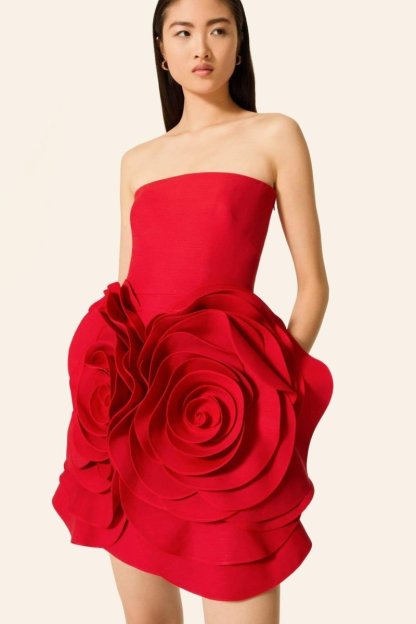 dresses-Eudora Flower Strapless Mini Dress-SD00604032620-Red-S - Sunfere