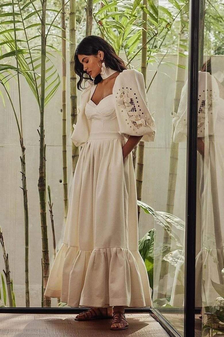 Eunice Balloon Sleeve Hollow Maxi Dress-Sunfere