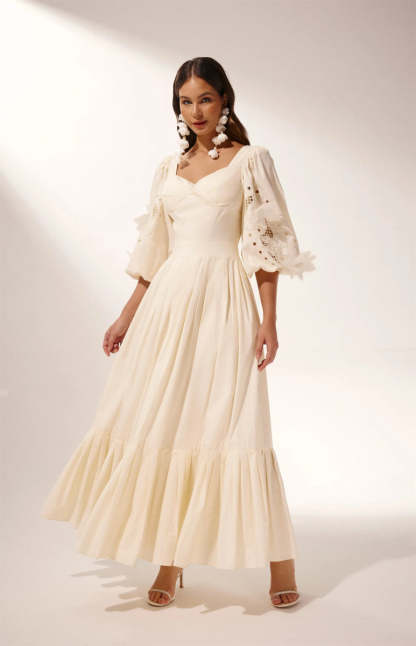 Eunice Balloon Sleeve Hollow Maxi Dress-Sunfere