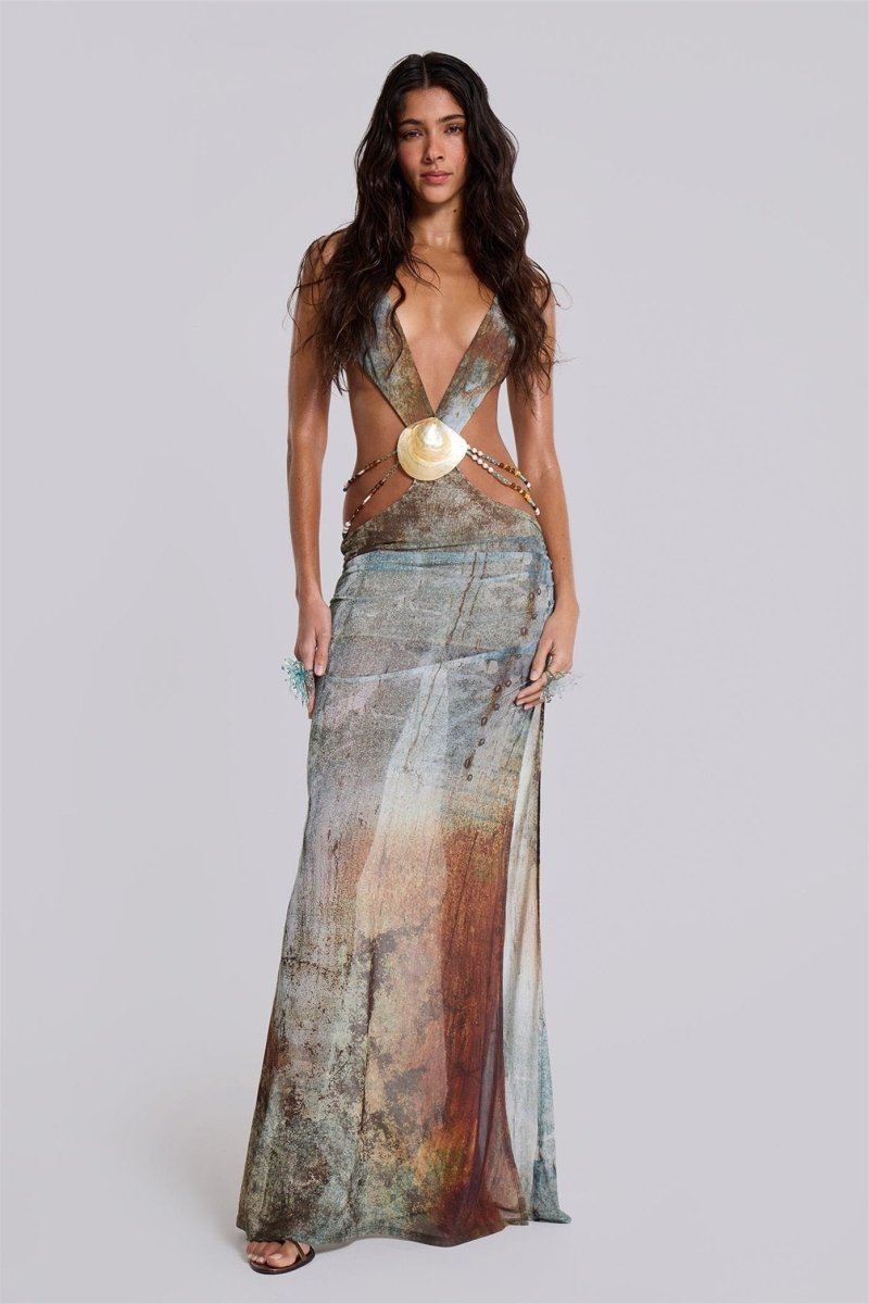 Eve Halterneck Shell Trim Maxi Mesh Dress-Sunfere