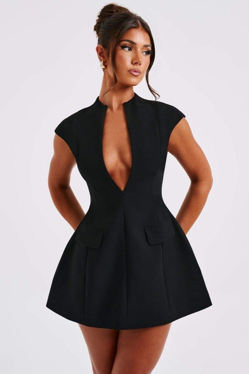 dresses-Evelyn Cap Sleeve Pleated Mini Dress-SD00604192711-Black-S - Sunfere