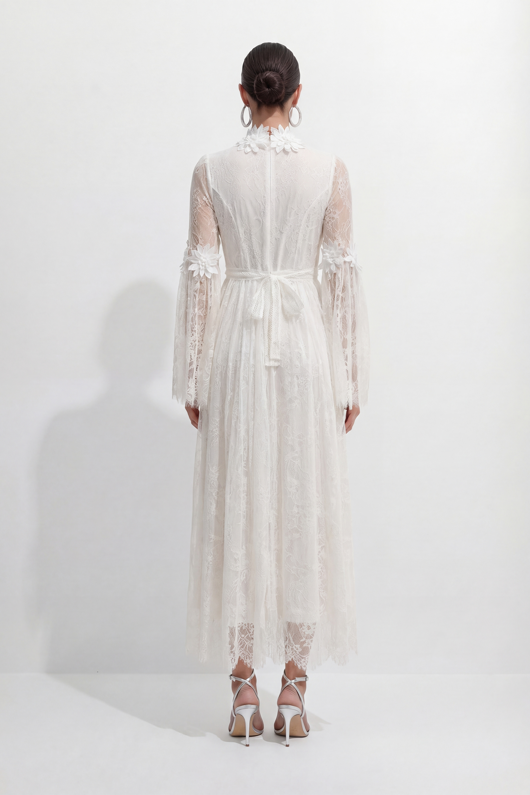 Bright Beauty White Floral Applique Sheer Lace Maxi Dress