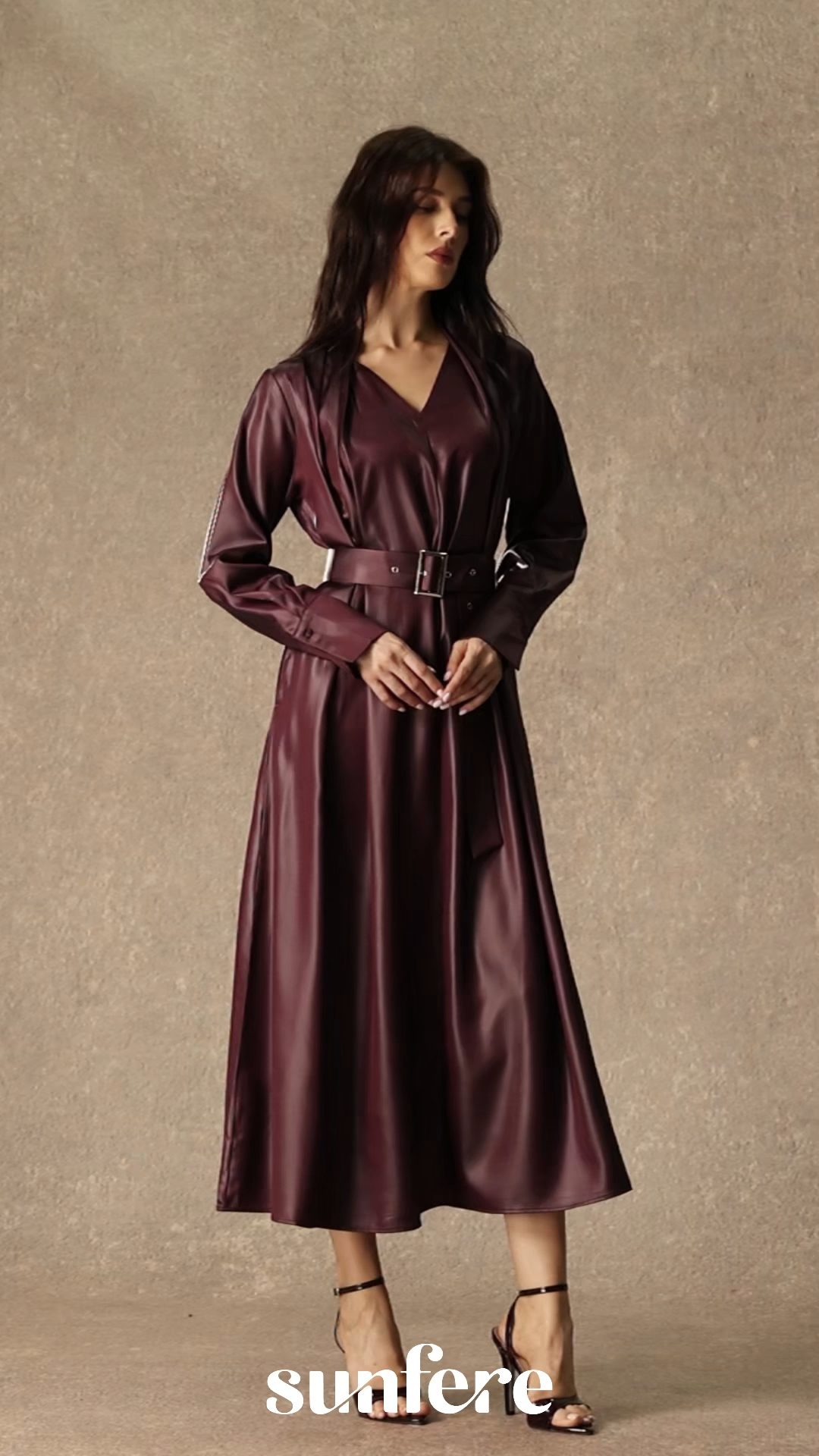 Luxe Lookbook Burgundy V‑Neck Faux Leather Midi Dress