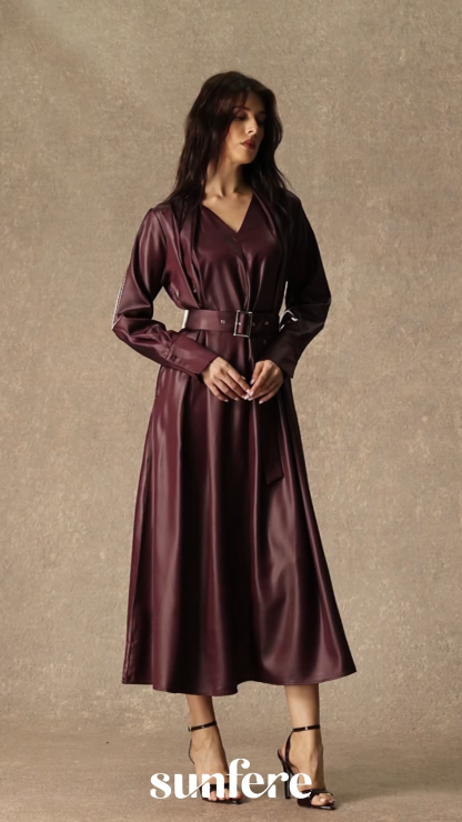 Luxe Lookbook Burgundy V‑Neck Faux Leather Midi Dress