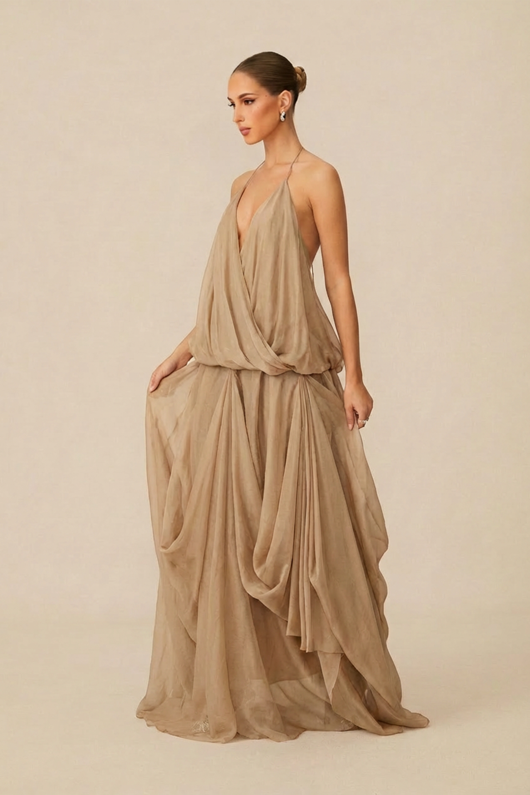 Love Letters Khaki Halter V-Neck Asymmetric Maxi Dress