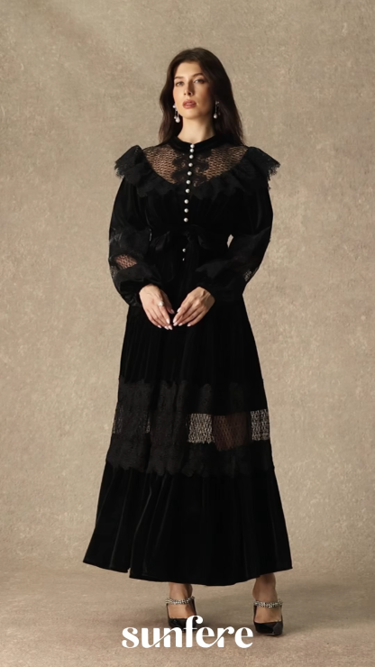 Beautiful Night Black Velvet Lace Panel Maxi Dress
