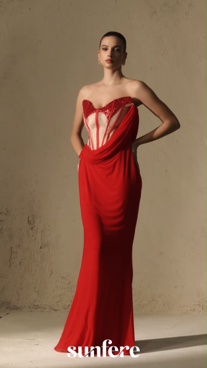 Queen Worthy Red Corset Bodice Draped Maxi Dress