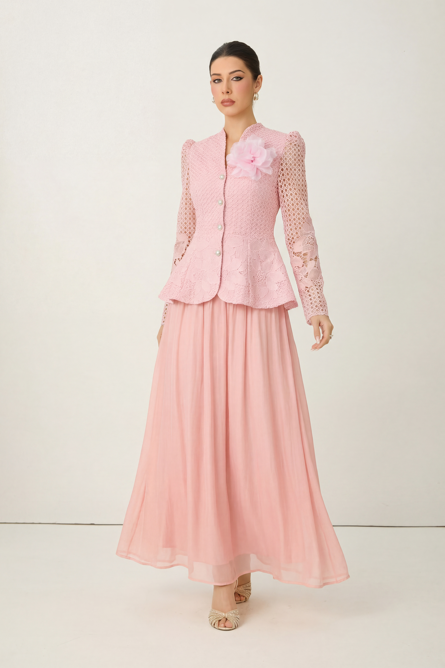Evenings of Elegance Pink Floral Embroidery Sheer Sleeve Top & Skirt Set