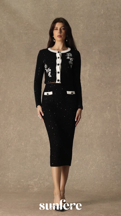 Marvelous Match Black Floral Embroidered Contrast Trim Skirt Set