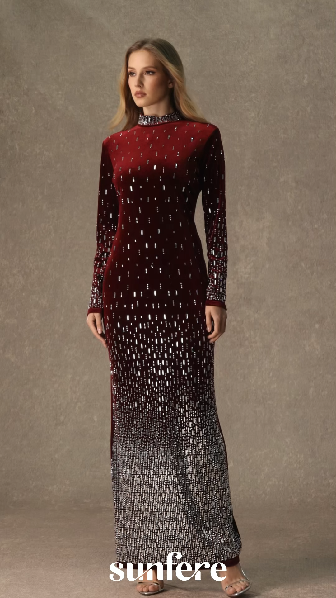 Classy Nights Burgundy Gradient Rhinestone Maxi Dress
