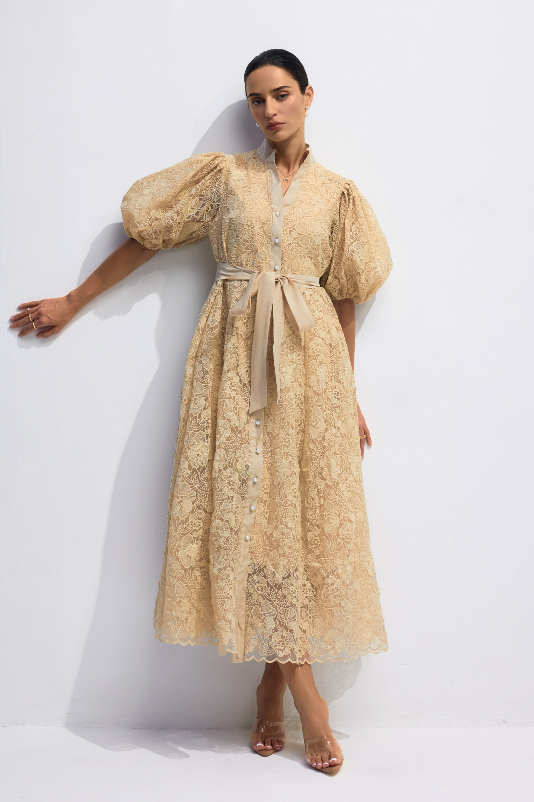 sunfere Diana Floral Embroidered Lace Belted Midi Dress