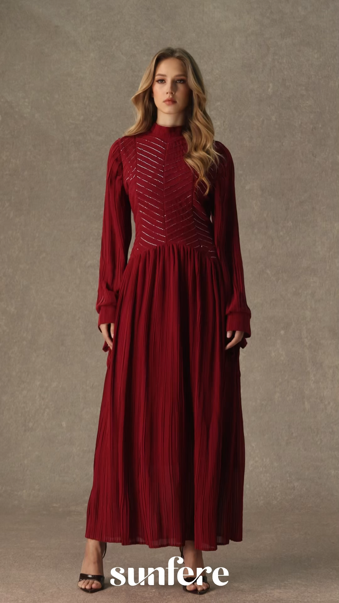 Nightfall Chic Burgundy Beaded Chevron Pleated Maxi Dress