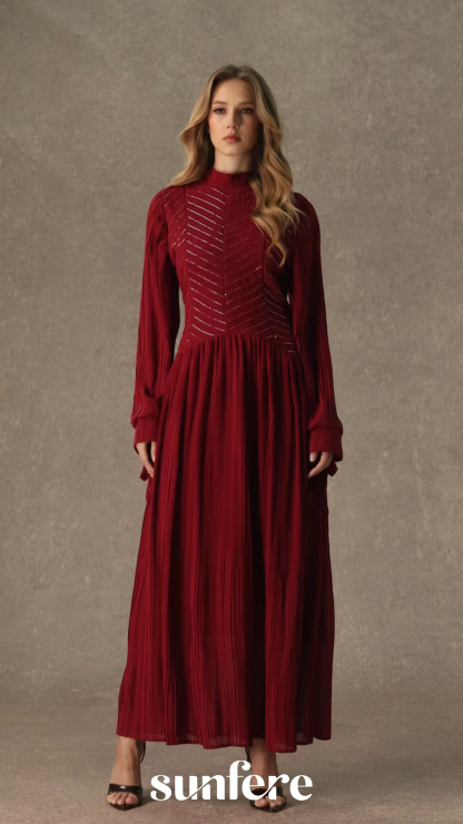 Nightfall Chic Burgundy Beaded Chevron Pleated Maxi Dress